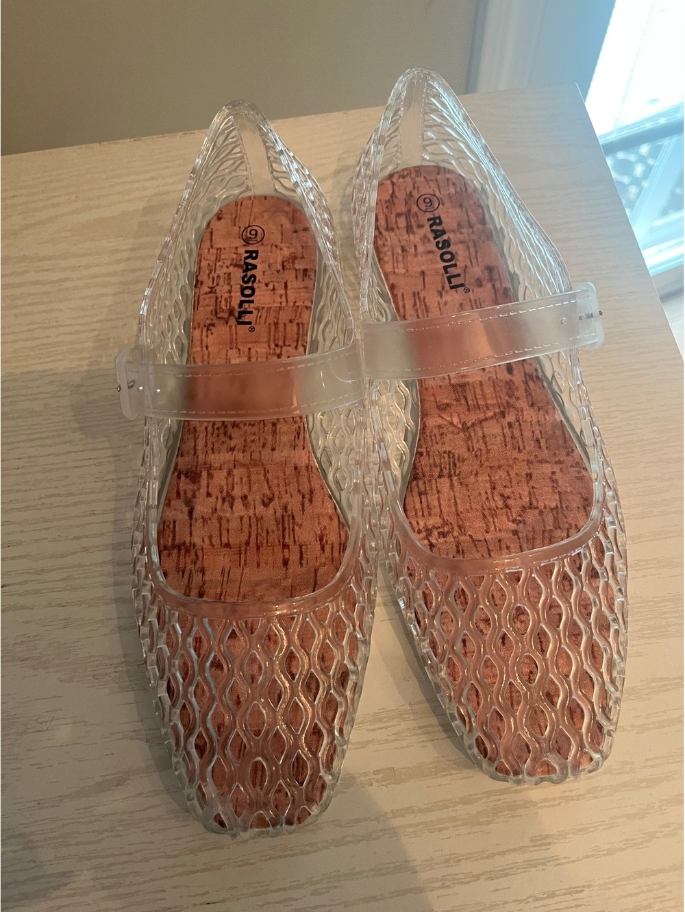 Rasolli Clear Jelly Mary Jane Flats with Cork Insole Size 9
